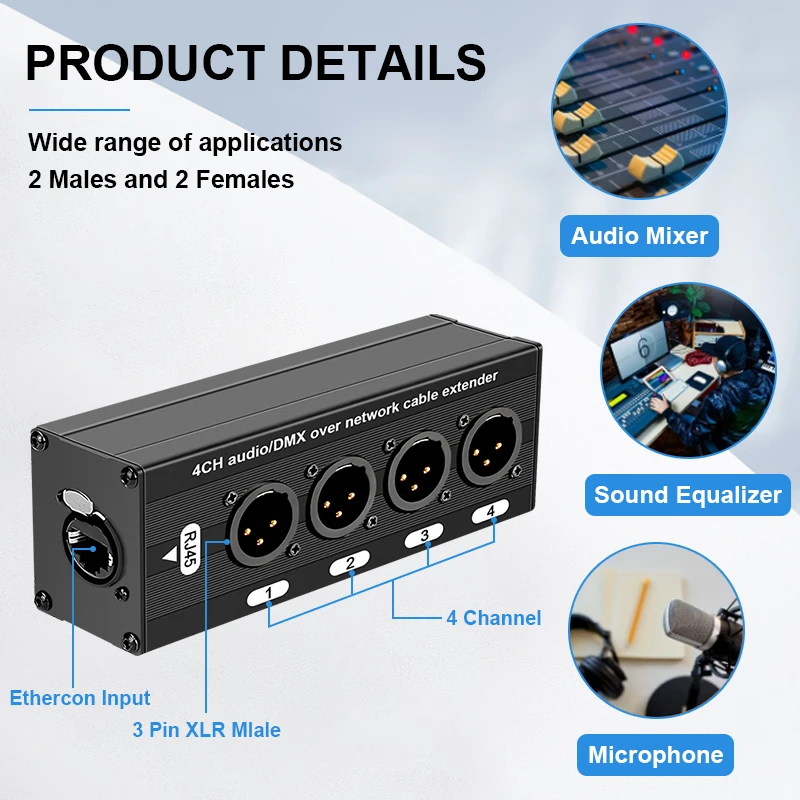 네트워크 케이블을 통한 4채널 오디오 및 DMX512 연장기, 라이브 사운드 및 무대 조명용 XLR 밸런스드 오디오