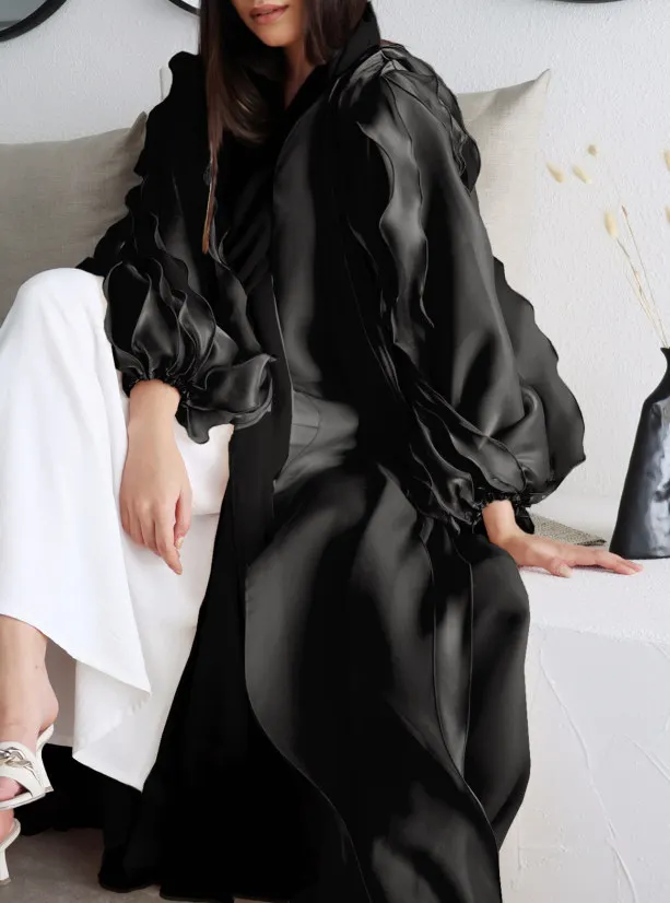 Eid Satin Abaya Kimono Summer Elegant Puff Petal Sleeve Muslim Hijab Dress Open Abaya for Women Dubai Islamic Turkey Kaftan Robe