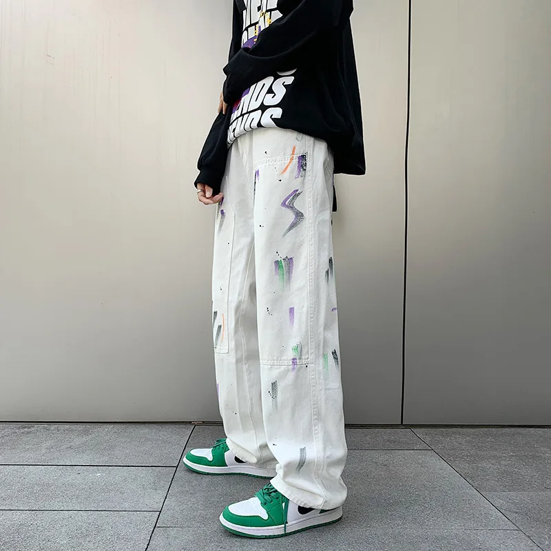 

White Men's Jeans Fashion Graffiti Straight Pants High Street Nine Point Denim Trousers Vintage Y2k Clothes Casual Male Bottoms