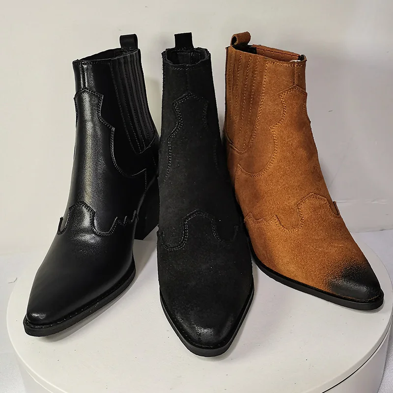 

2023 Natural Leather Women Genuine Pointed Toe Ankle Boots Thick Square Heel Slip On Western Boots Cowboy Boots Women