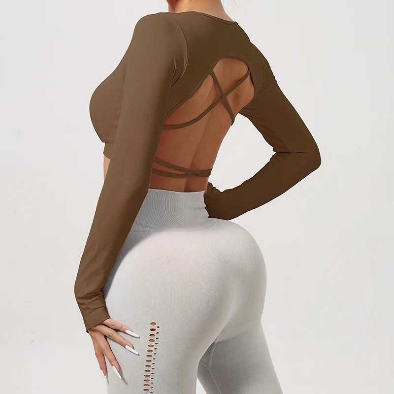 Woman Yoga Sports Crop Beauty Back Sports Long sleeved Pilates Training and Fitness Top without Chest Pads