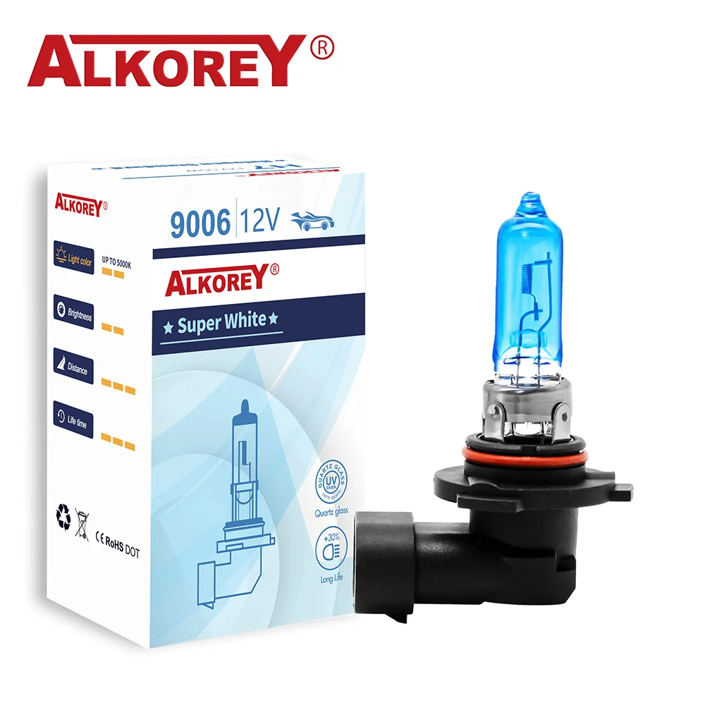 ALKOREY 슈퍼 화이트 쿼츠 유리 크세논 자동차 헤드라이트 램프, 할로겐 전구, 안개등, 자동차 전구, 9005 HB3, 12V, 65W, 5000K, 2 개