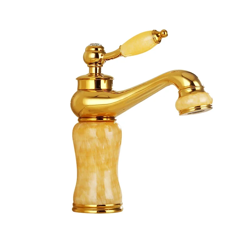 

European-Style Golden Hot and Cold Faucet Household Washbasin Bathroom Drop-in Sink Copper Lifting Basin Jade Faucet