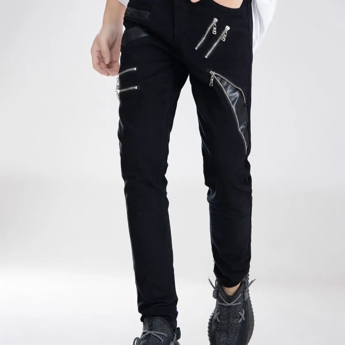 

Idopy Fashion Trend Black Patchwork Pants Skinny Punk Party Holiday Mens Zipper Biker Pants Casual Tousers For Men