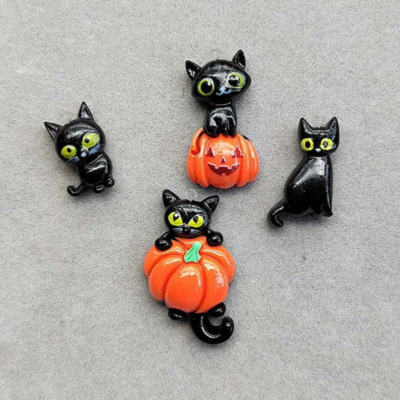 

10pcs Kawaii Pumpkin Black Cat Resin Charms Hallowmas Earring Keychain Pendant Diy For Jewelry Make