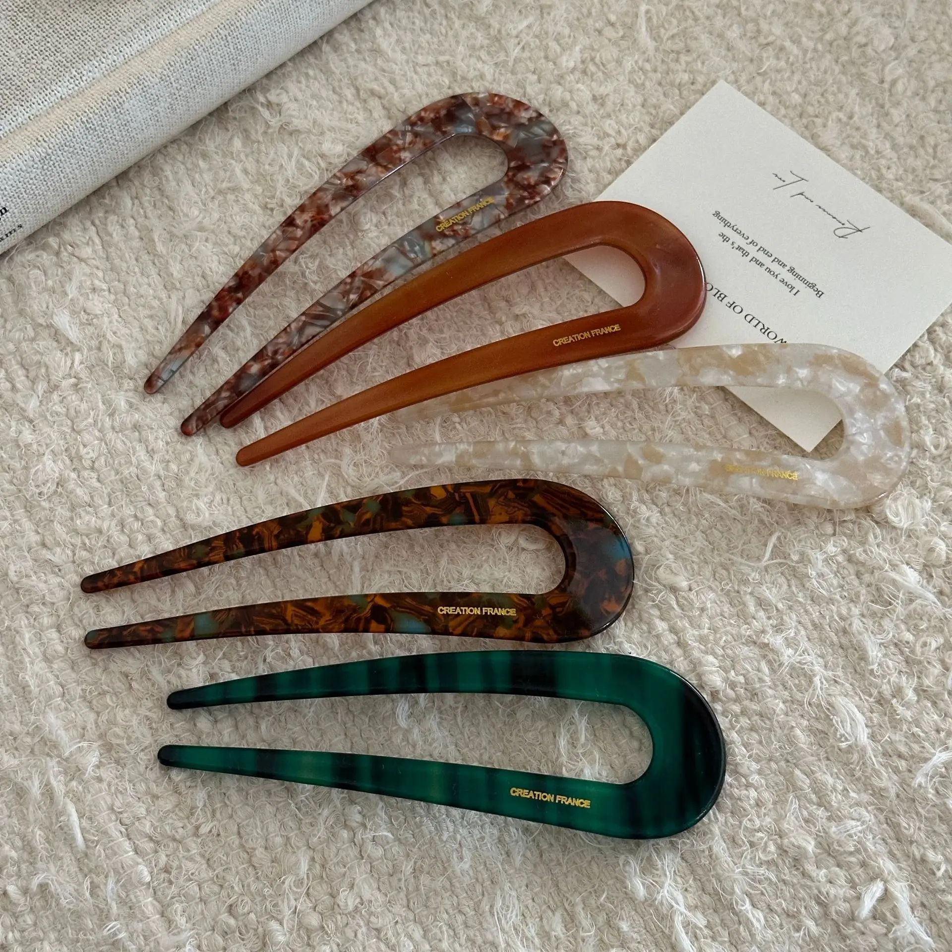 Elegant U-Shape Hair Fork Mineral Design Acetate Hairpin Chinese Vintage Style No Snag Bun Stick for Women Ceremony Accessories