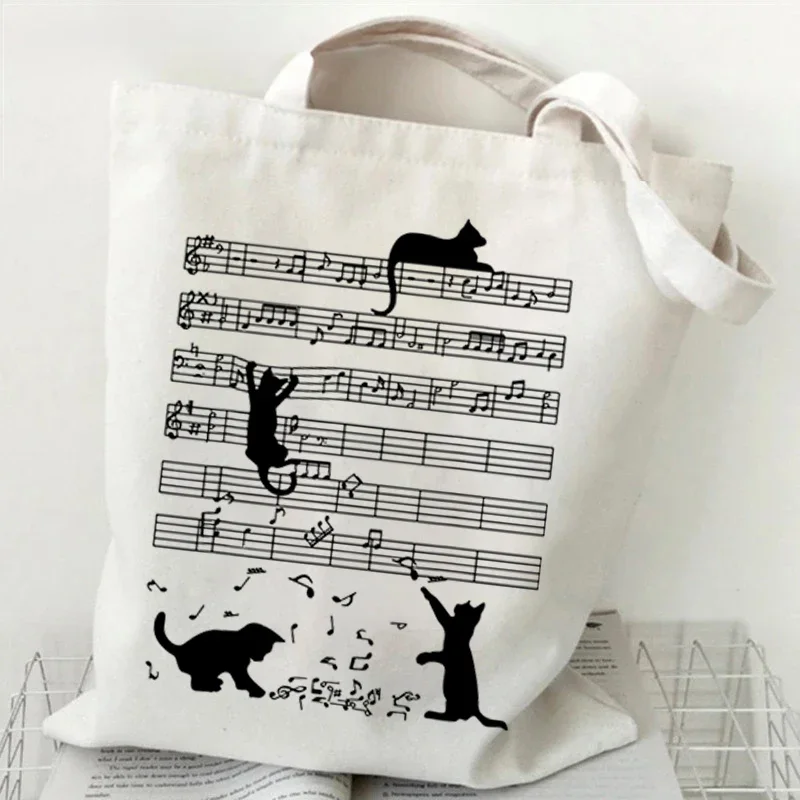 

Musical Symbols Cat Tote Bag Kawaii Cartoon Shopper Handbag Fashion Canvas for Women Girls Graphic Shopper Climbing Cat Tote Bag