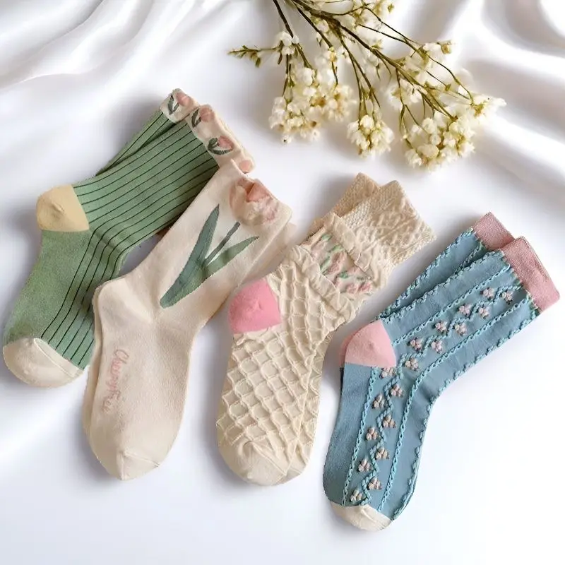 Floral Socks 4Pairs Women Cute