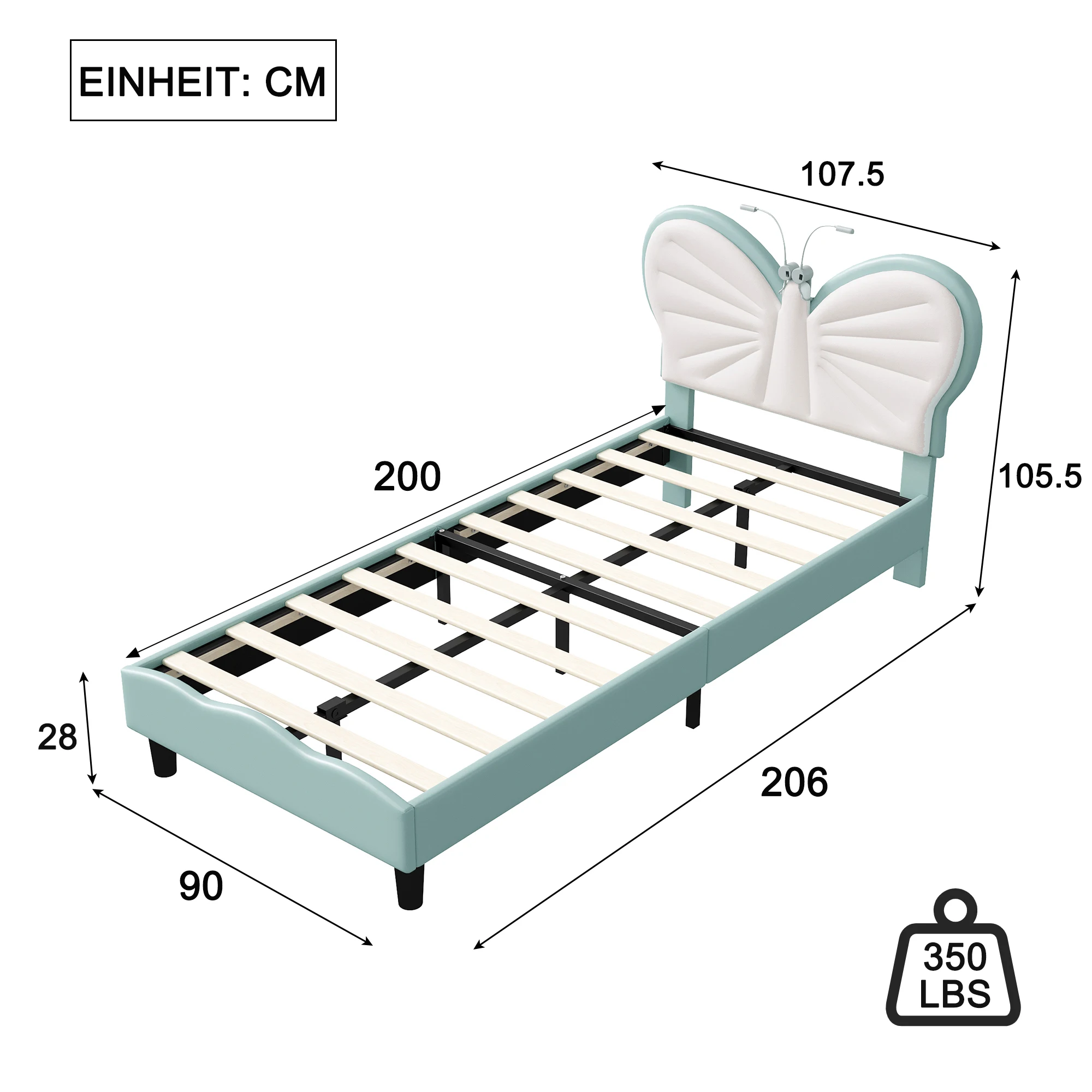 Rosahqnda Kinderbett 90 x 190 cm / 90 x 200 cm, Butterfly-Bett mit Leselicht, Einzelbett, Jugendbett, Flanellstoff – Detail 4