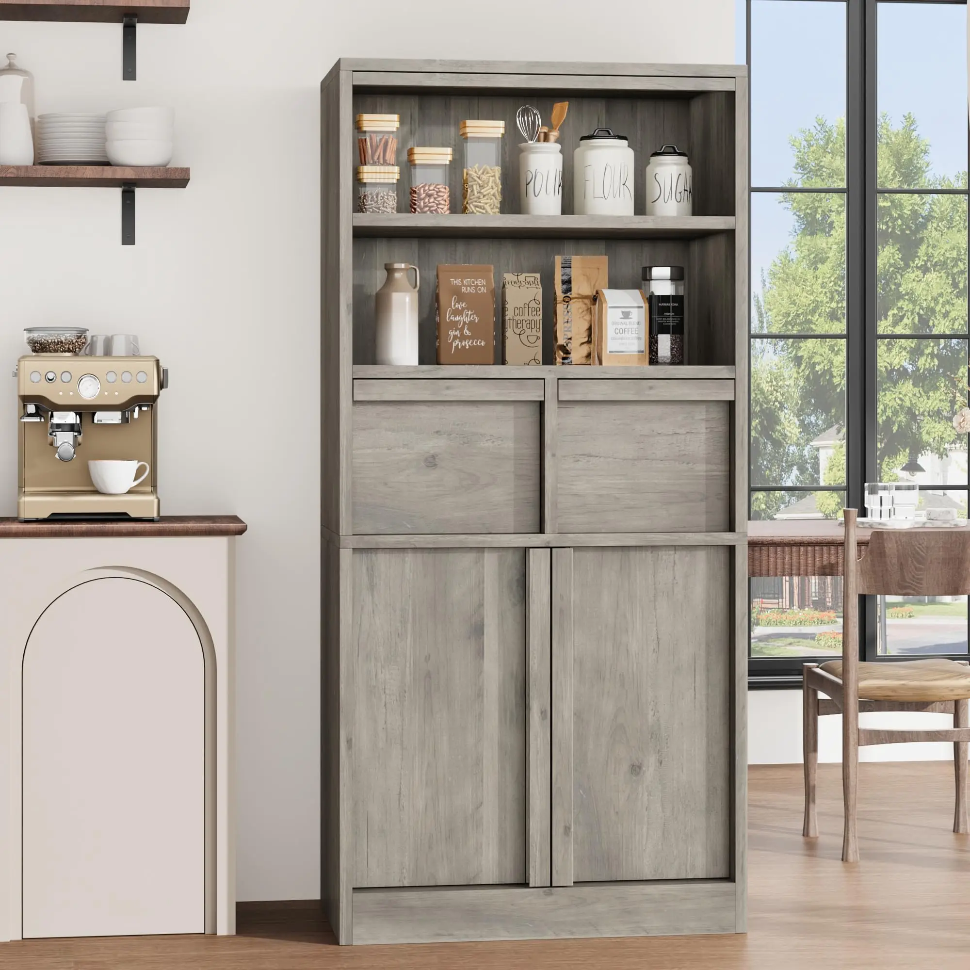 Hoher Aufbewahrungsschrank, Freistehender Buffetschrank mit Schubladen, Türen und Verstellbaren Regalen, Multifunktionaler Organizer – Detail 16