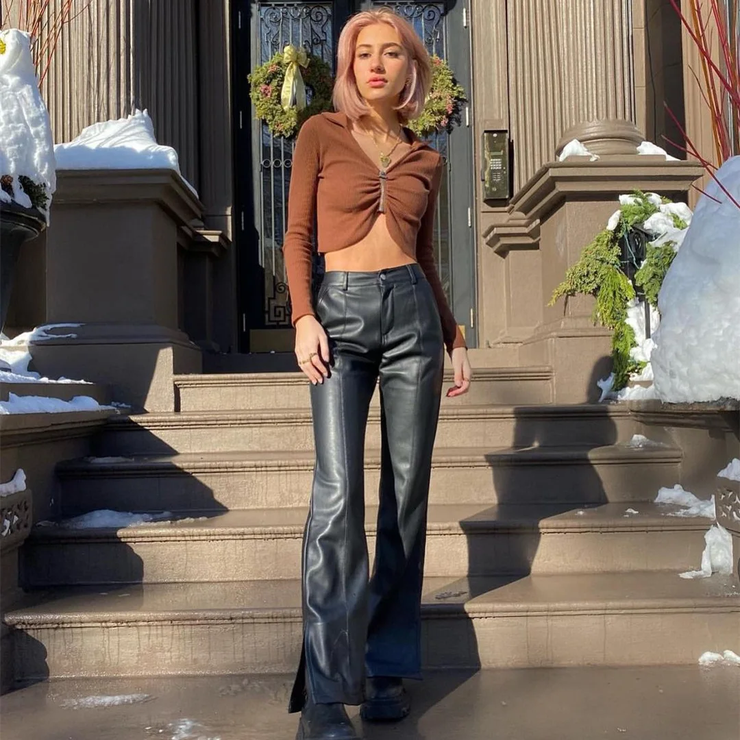 Pantaloni Donna In Similpelle Bootcut - Vita Alta, Modello Svasato - Elegante E Comodo Per Ufficio O Serata