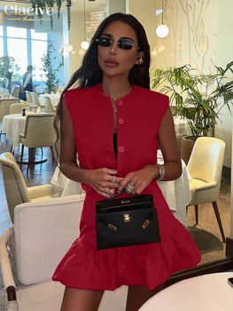 Clacive Summer Loose Red Cotton Women's Two Pieces Set 2025 Fashion Sleeveless Tank Top With High Waist Mini Skirt Set Female