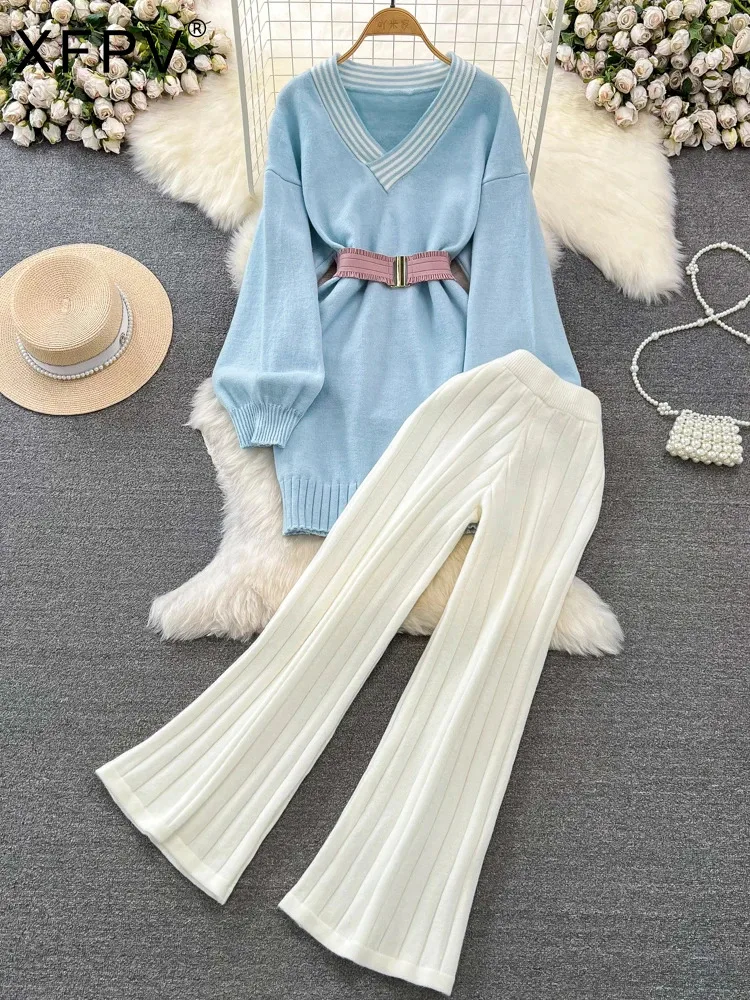 

BabYoung Women Lantern Long Sleeve V-Neck Mid Length Sweater High Waist Wide Leg Pants Two Piece Set Autumn Winte