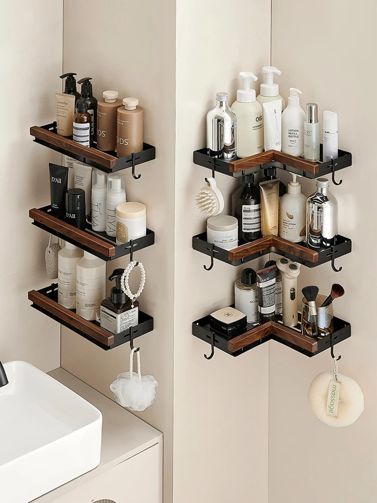 Aluminum and Wood Bathroom Shower Shelf Storage Suction Basket Rack