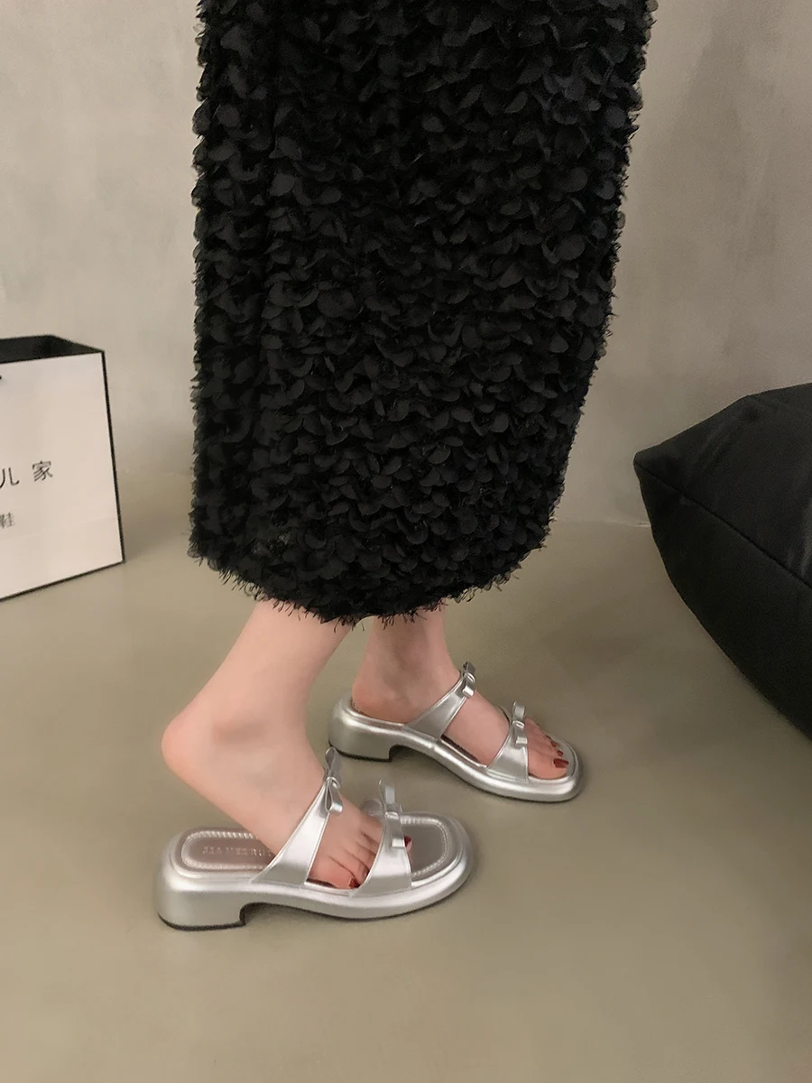 

Women Sandals Ladies Square Heels Elegant Summer Slippers Outside Cross Tied Leather Female Slides 2024 Fashion Woman Sandals