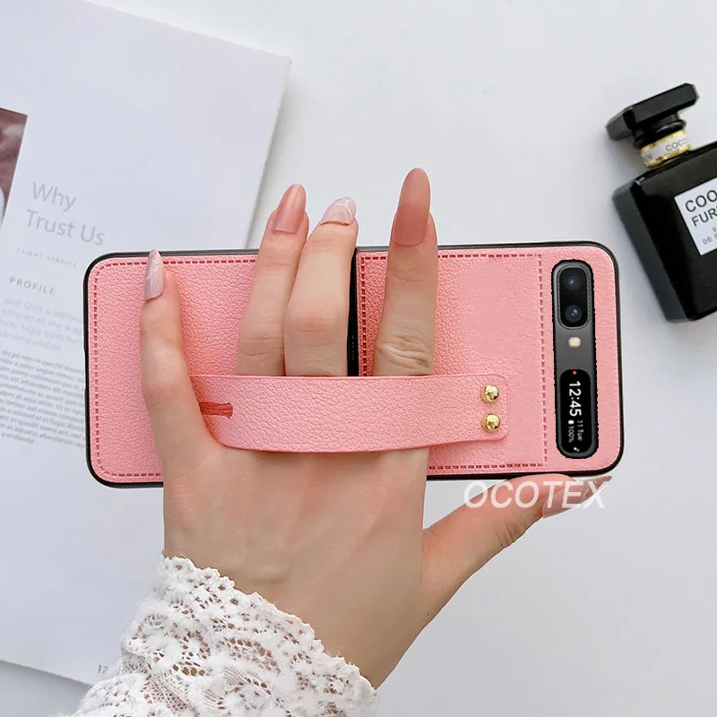 For Samsung Z Flip Case Luxury PU Leather Wrist Strap Holder