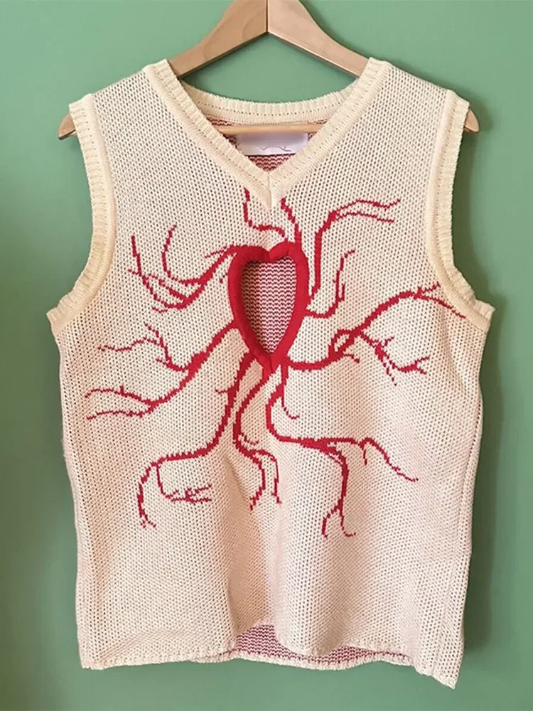 Men Sweater Vests Mens Knitted Vest Autumn Love Hollow Out Jacquard Men's Sweater Vest Loose V Neck Sleeveless Knitted Sweaters Street Harajuku Pullover Waistcoat