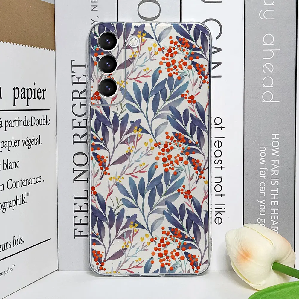 Floral Palm Leaf Painted Transparent Phone Case - Soft Cover with Flower Design