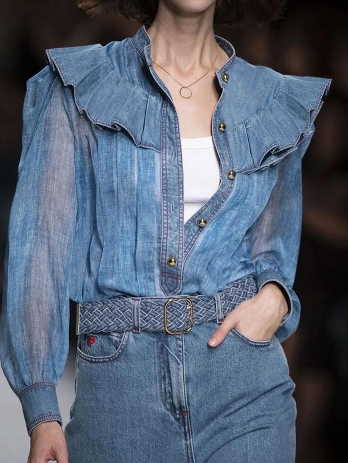thumbnail image 1 of Camisa plisada con volantes de moda para mujer, blusas transparentes de manga larga con diseño de patchwork, blusas de un solo pecho, ropa nueva de primavera 2024, 1 of 4
