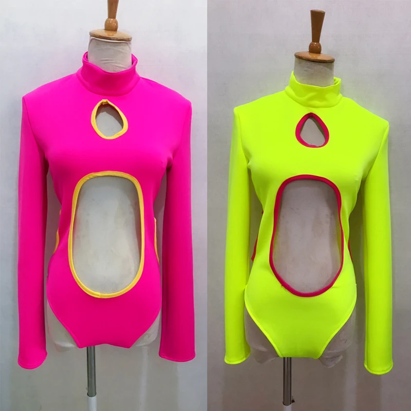 

Bar Nightclub Dj Ds Rave Outfit Female Gogo Dance Costume Fluorescent Pink Green Hollow Bodysuit Sexy Pole Dance Clothing XS6648