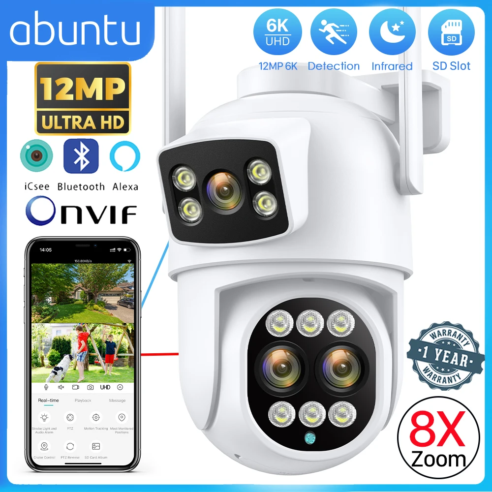 12MP 6K WiFi IP Camera Outdoor 8X Zoom Dual Screens 6MP PTZ Wifi Surveillance Camera Night Vision ICSEE APP CAM Human Detection 1