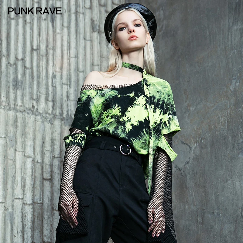 

PUNK RAVE Women’s dark fashion mesh sleeves splicing off shoulder fake two spliced plaid perspective hoodies sexy Girl’s T-shirt