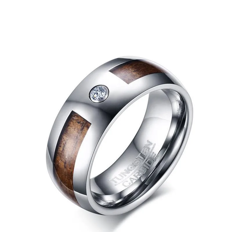 8mm Tungsten Steel Ring Men's Acacia Wood Zircon Engagement Ring Jewelry