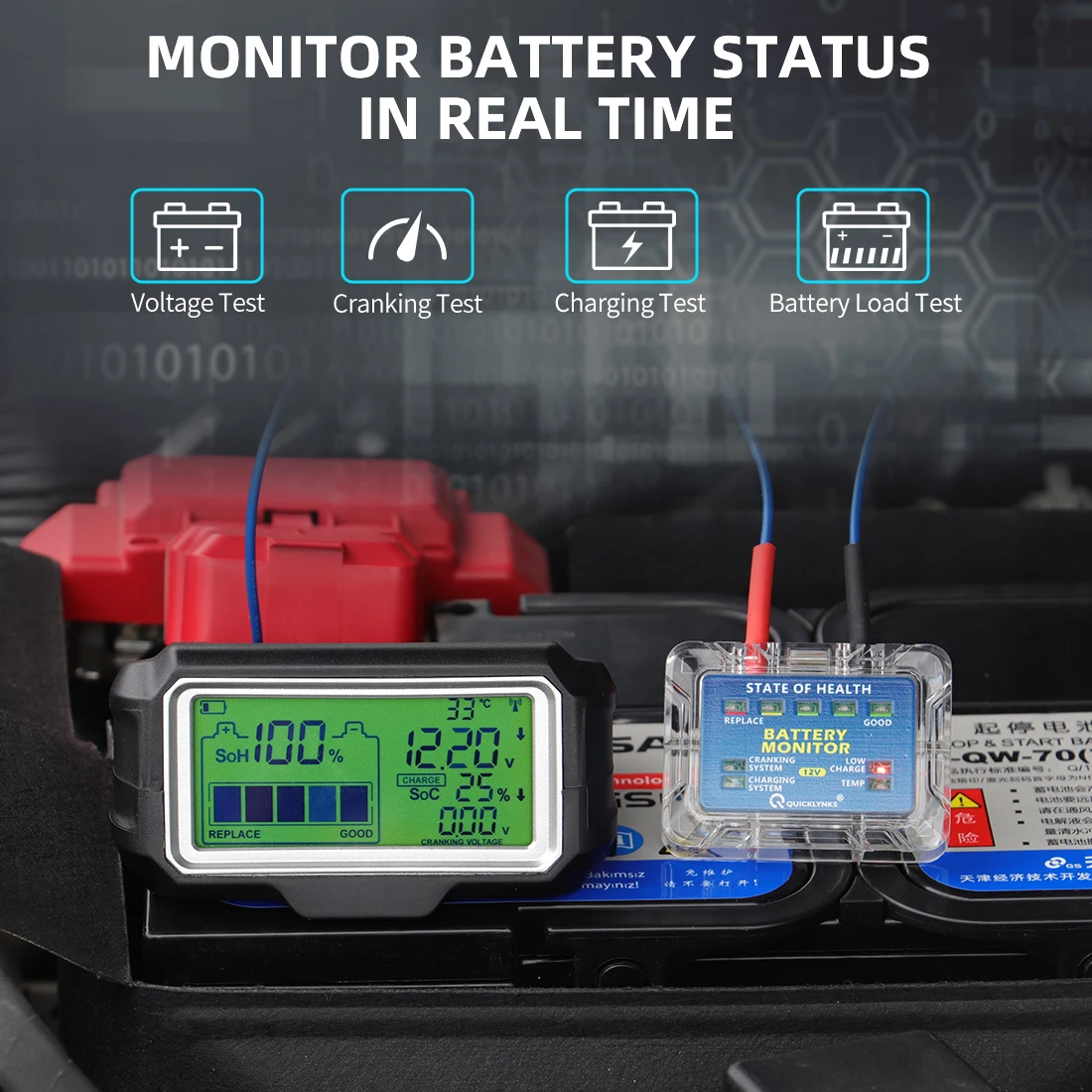 QUICKLYNKS BM5-D 12V LED Battery Tester Monitor Head Up Display Waterproof Battery Health Tester Analyzer Charging Tool