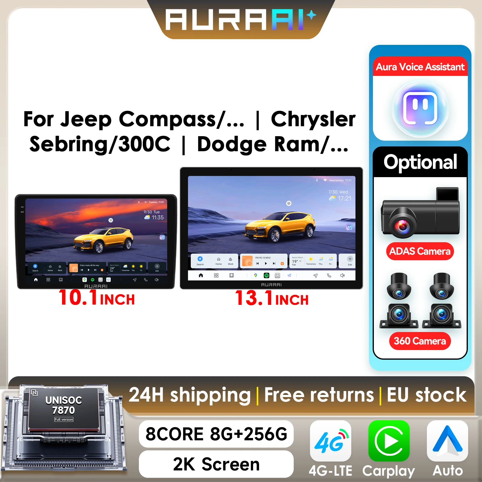 2K-Bildschirm für Jeep Chrysler Compass Commander Grand Cherokee Wrangler Liberty Dodge CarPlay 4G GPS DSD ADAS Dual-Mikrofon 360-Grad-Kamera 7870