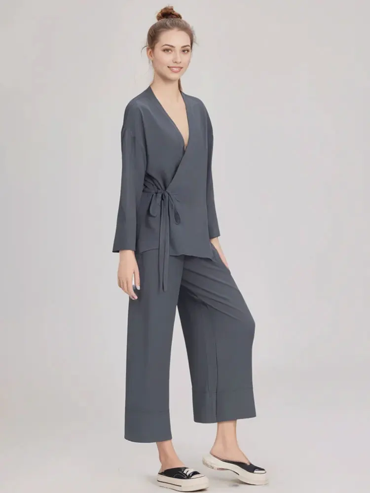 HH Women Casual Pajama Style Blouse Pant Sets Long Sleeve Bow Lace Up Shirts Elastic Waist Trousers Female Grey Outfits