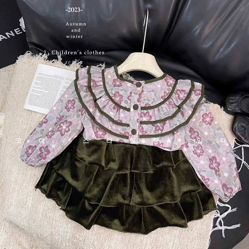 

Autumn Girls Suits New Korean Spring Girls Floral Long Sleeve Top+Cake Skirt 2Pcs Set Girls Princess Casual Clothes Outfits 2-7Y