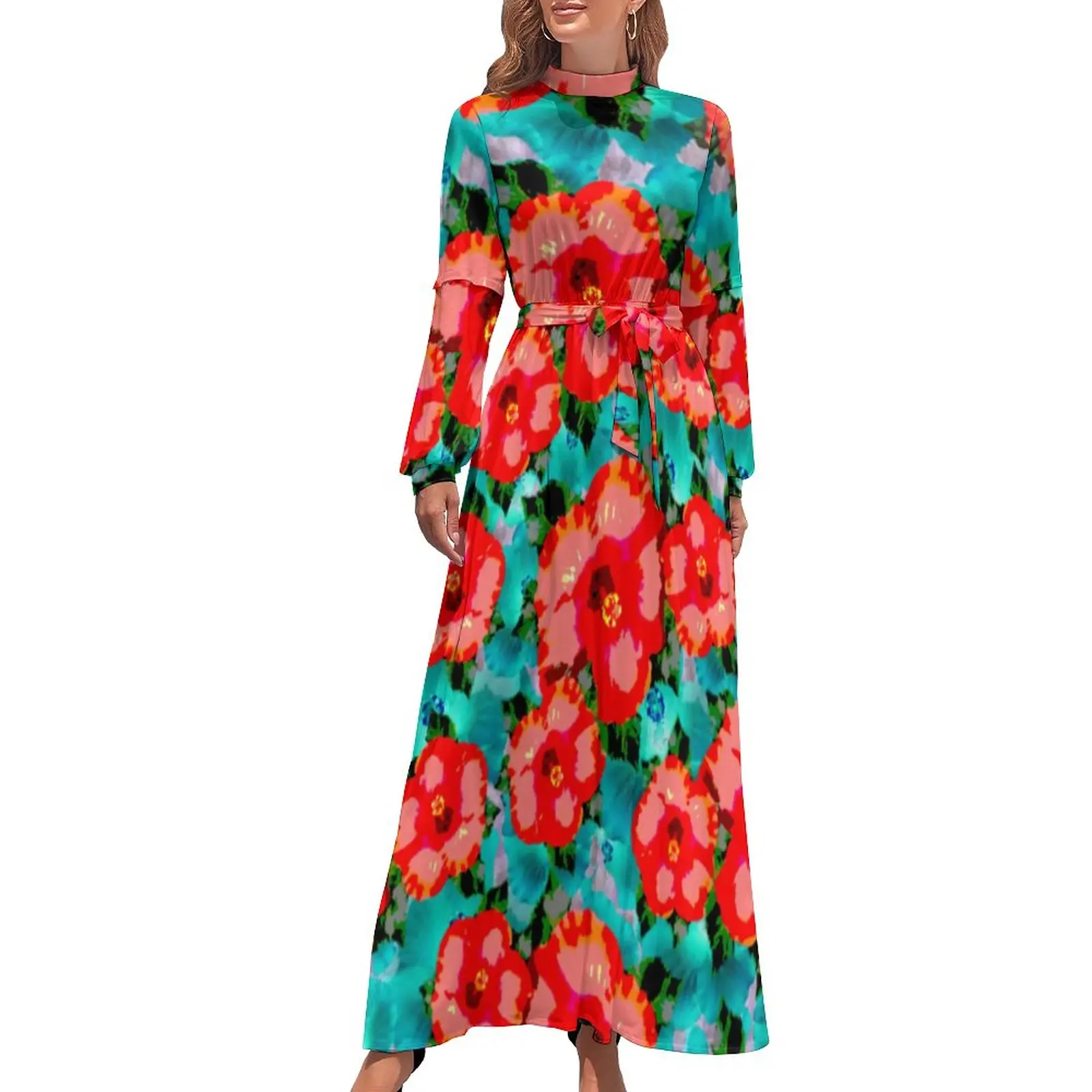 

Tropical Floral Dress Hibiscus Print Kawaii Maxi Dress Casual Boho Beach Long Dresses High Waist Design Vestido