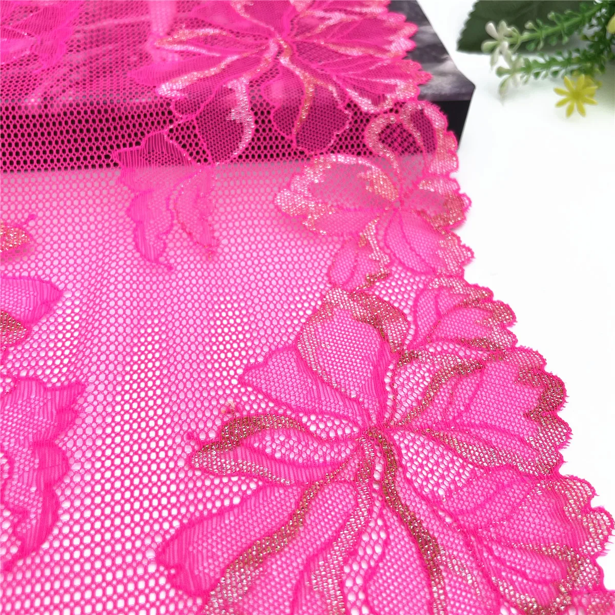 3y/lot Width 9inch 23cm Hot Pink Shiny Elastic Stretch Lace Trim 2