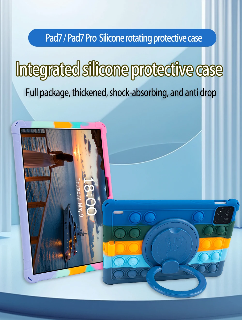 Soft Silicone Kids Tablet Case with 360° Rotating Stand, Handle Grip, Shoulder Strap, and Shockproof Protection