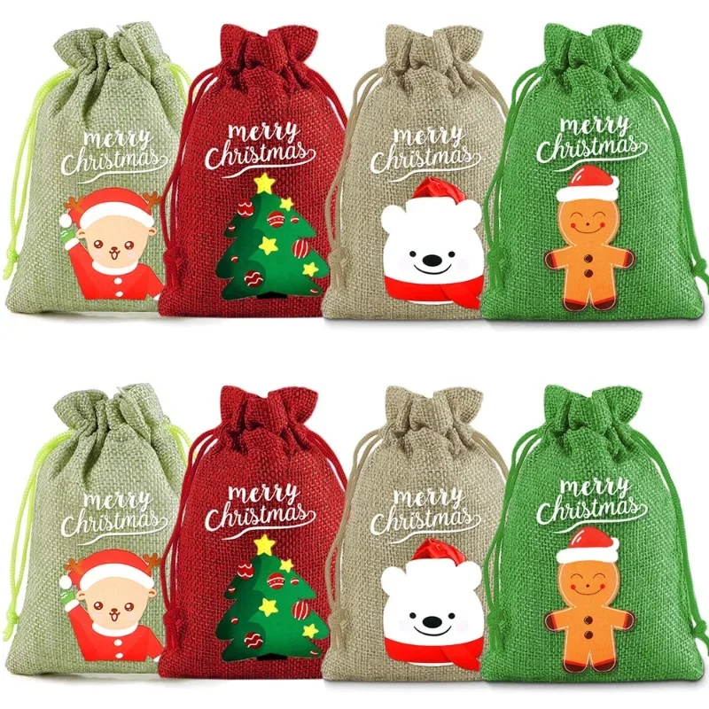 10pcs Wholesale Merry Christmas Linen Drawstring Bags Small Gift Storage Packaging Bundle Pocket Kids Pouch Party Favors LIJIAO