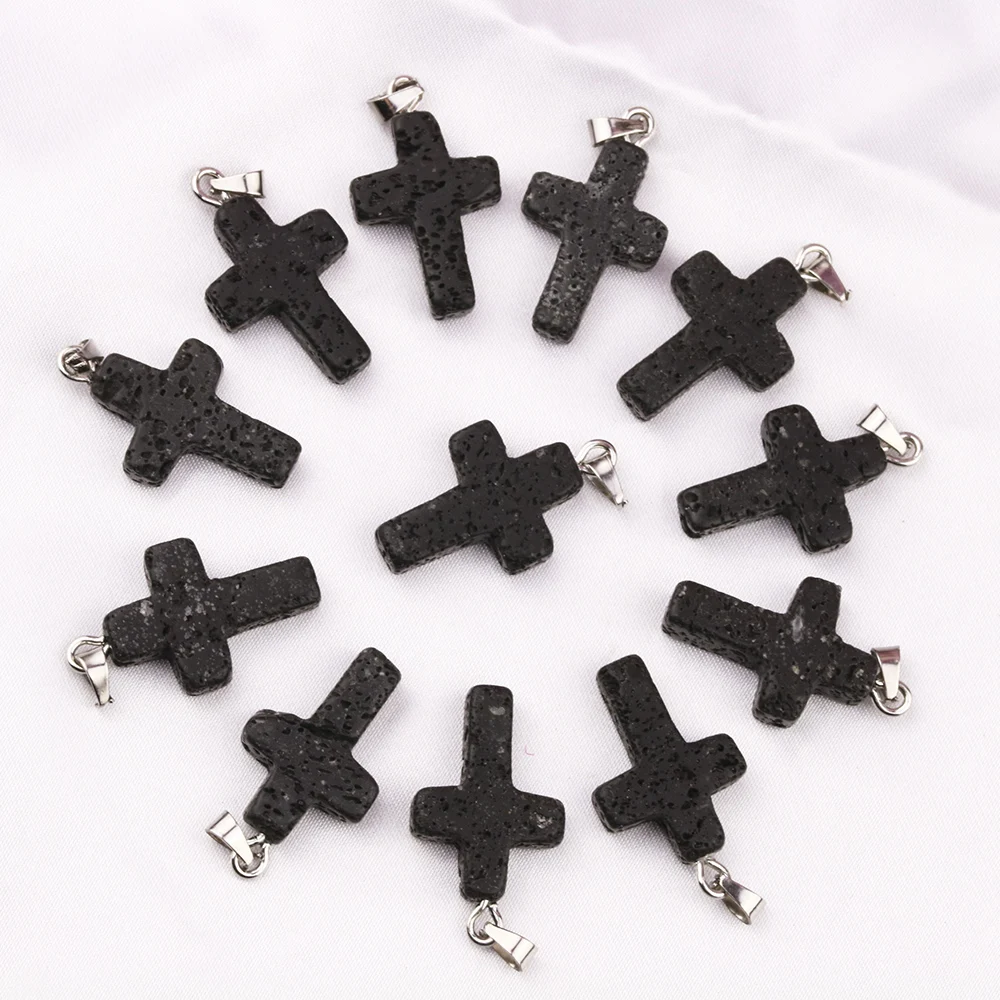 Black Lava Stone Cross Charms Aromatherapy Essential Oil Perfume Diffuser Pendant For DIY Necklace