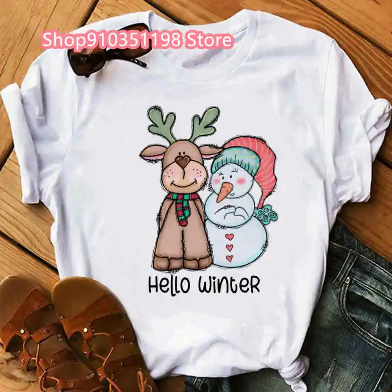 

Hello Winter Print Women T-shirt Happy New Year Party Female Tops Merry Christmas Short Sleeve T Shirts Girls Santa Claus Gifts