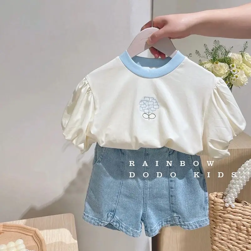 

Korean Teenagers Baby Kid Girls Embroidery T-shirt 2023 Summer New Short Sleeve Top +Denim Shorts 2Pcs Outfits Baby Girl Clothes