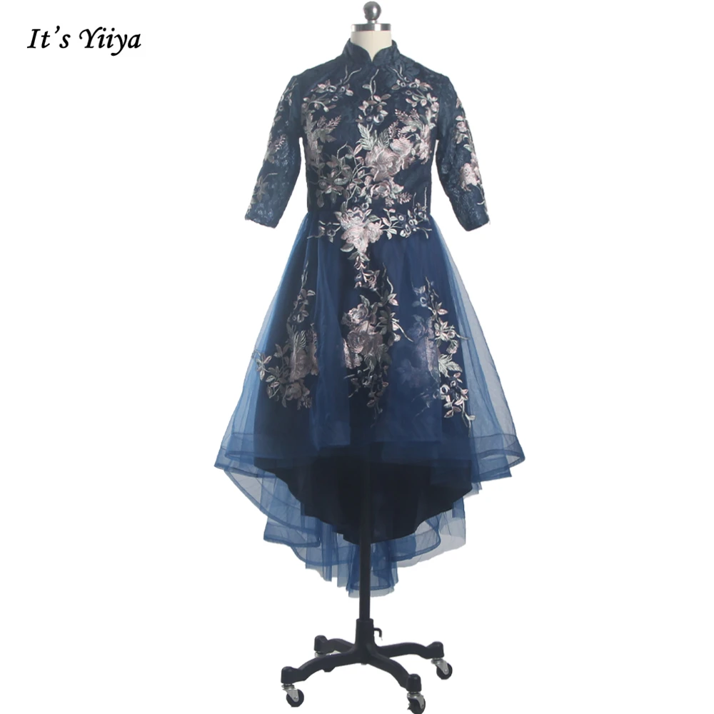 

It's YiiYa Evening Dress Clearance Navy Blue Lace High Collar Half Sleeves Zipper Back A-line Asymmetrical Party Dresses MX002