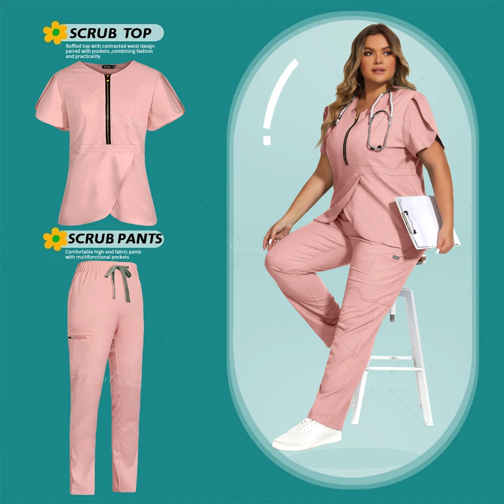 

Blue Beauty Medical Nurse Uniforms Women Short Sleeve Blouse Pockets Pants Clinical Workwear Nursing Elastic Scrubs Set