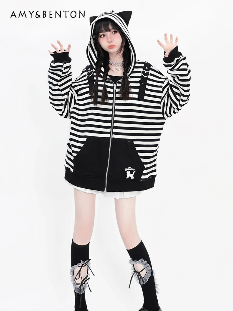 

Полосатая Толстовка в стиле преппи с капюшоном и кроличьими ушками, Женская Весенняя новая милая универсальная Приталенная толстовка большого размера Y2K