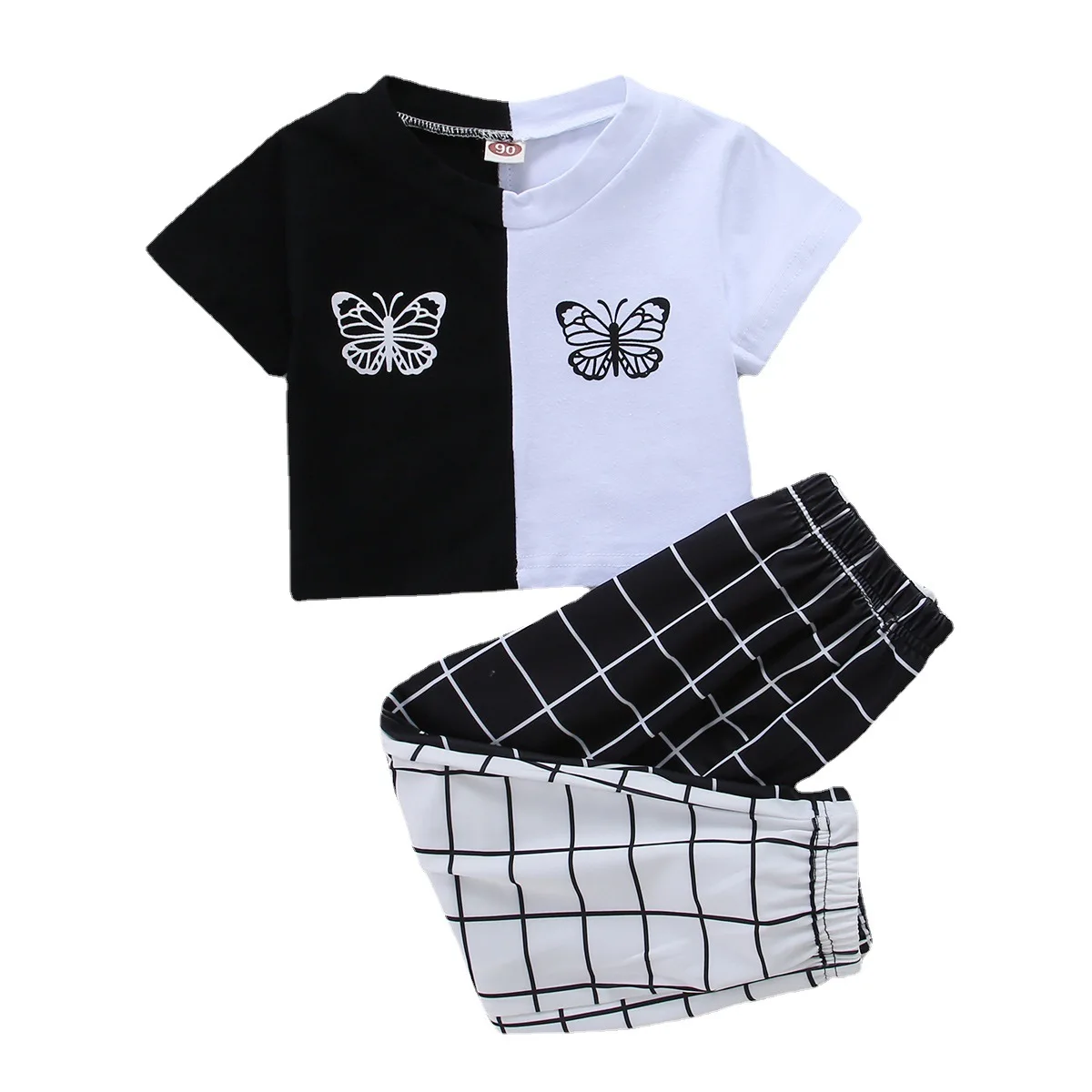 

Toddler Kids Girls Clothes Sets Butterfly Print Crop Tops+Plaid Pants Children Clothing Summer Workout Dancewear Sports Sets