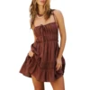 Women Backless Short Dress Back Lace Up Ruffled Party Dress for Cocktail Beach Club Streetwear Solid Color Sleeveless Mini Dress
