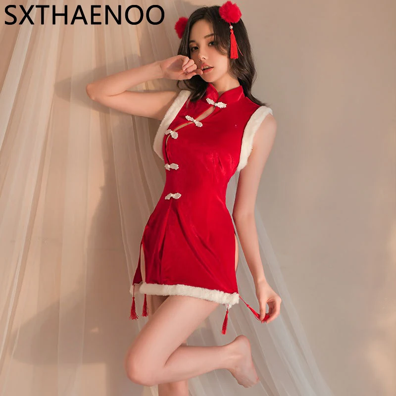 

SXTHAENOO, Женский плюшевый Рождественский наряд в стиле ретро, соблазнительный красный Чонсам с разрезом, милое домашнее платье, одежда для сна, нижнее белье