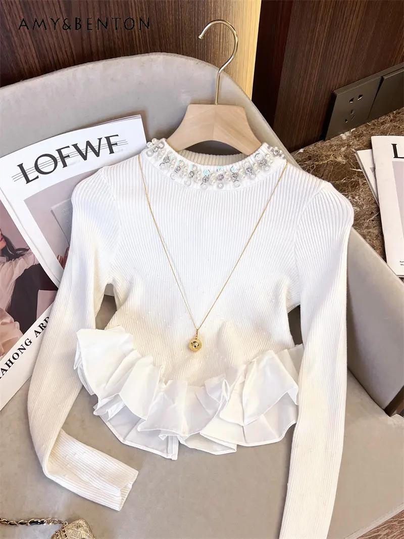 

Heavy Industry Rhinestone Crew Neck Pullover Sweater Women's Autumn and Winter Knitwear Temperament Slimming Short Ruffle Top