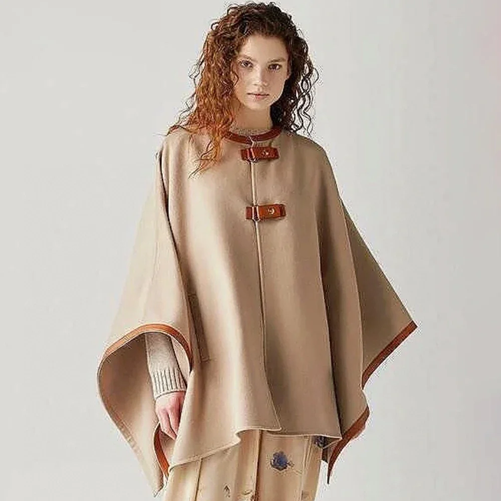 

NIGO Women's Fashion Simple Leather Cashmere Poncho Champagne Knitted Shawl Leather Cashmere Shawl Ngvp #nigo6751