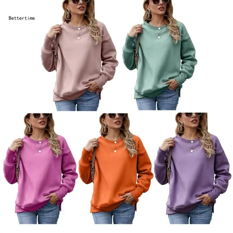 

B36D Womens Simple Casual Sweatshirt Round Ncek Pullover Female Hoodie Long Sleeve