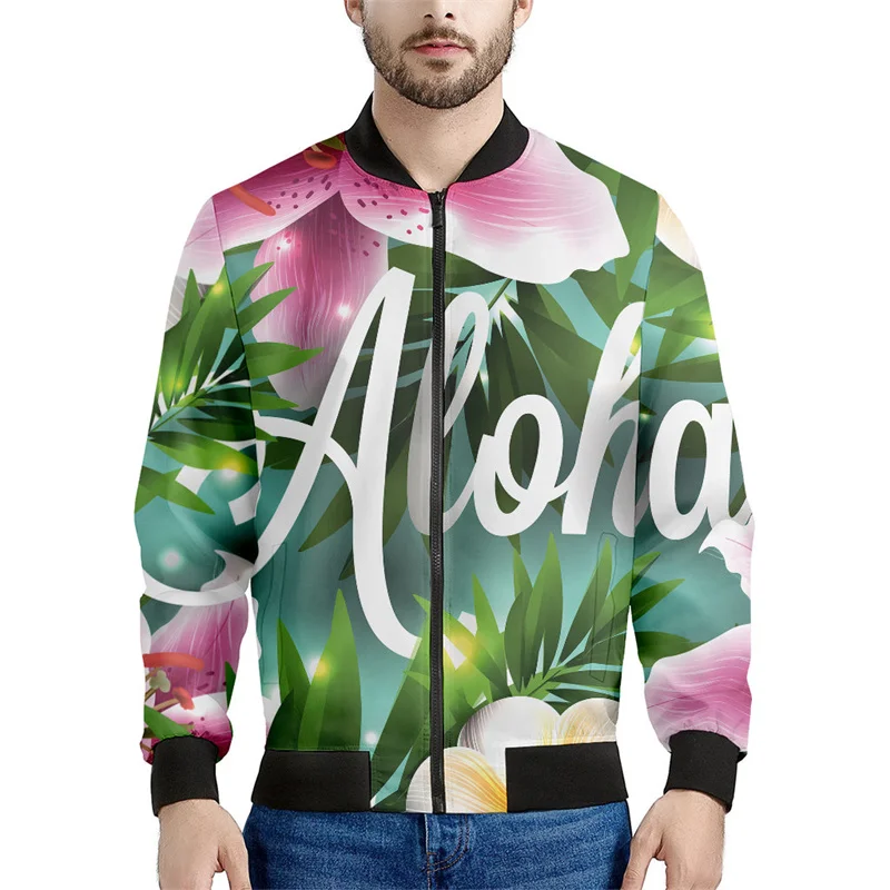 thumbnail image 1 of Chaqueta con estampado de flores coloridas hawaianas para hombre, sudaderas con estampado 3D de plantas tropicales, abrigos de manga larga con cremallera estilo bombardero callejero, 1 of 5