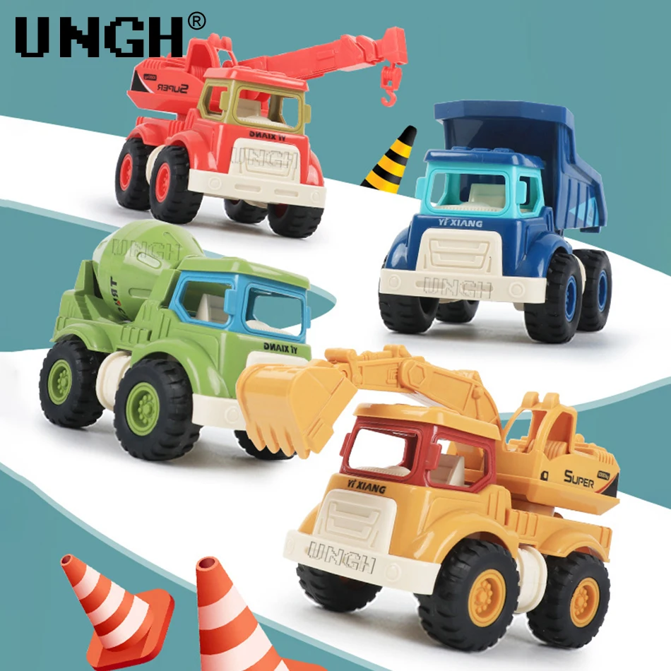 UNGH 4pcs/Set Cute Engineering Diecast Car Crane Excavator Dump Mixer Truck Inertial Vehicle Toys for Children