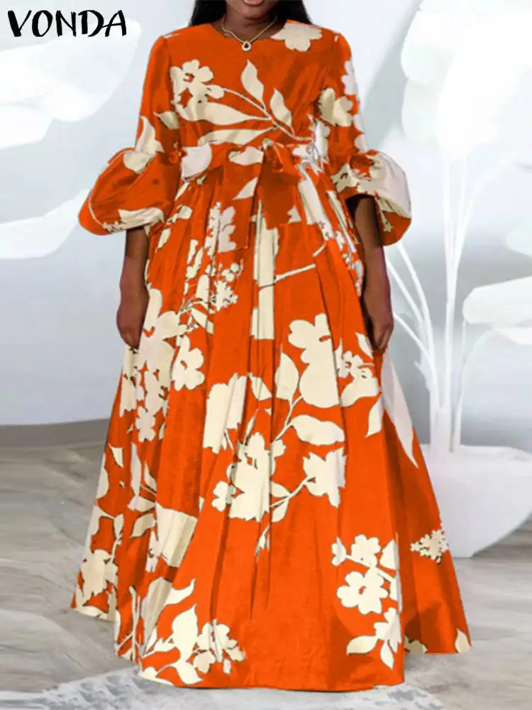 

2024 VONDA Bohemian Printed Maxi Dress Women Elegant Vintage Long Lantern Sleeve Sundress Party Casual Loose Vestidos Belted